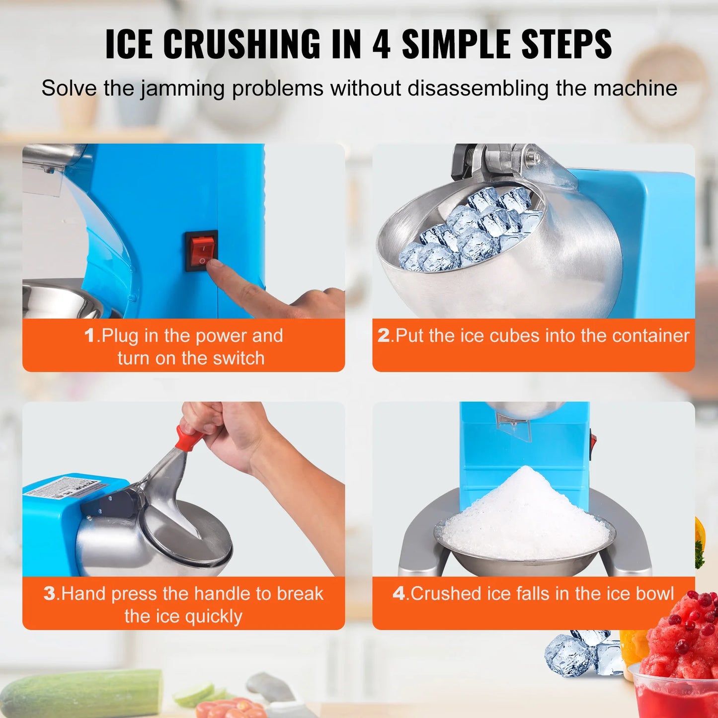 VEVOR Ice Crushers Machine 220lbs Per Hour Electric Snow Cone Maker with 4 Blades Stainless Steel Shaved Ice Machine