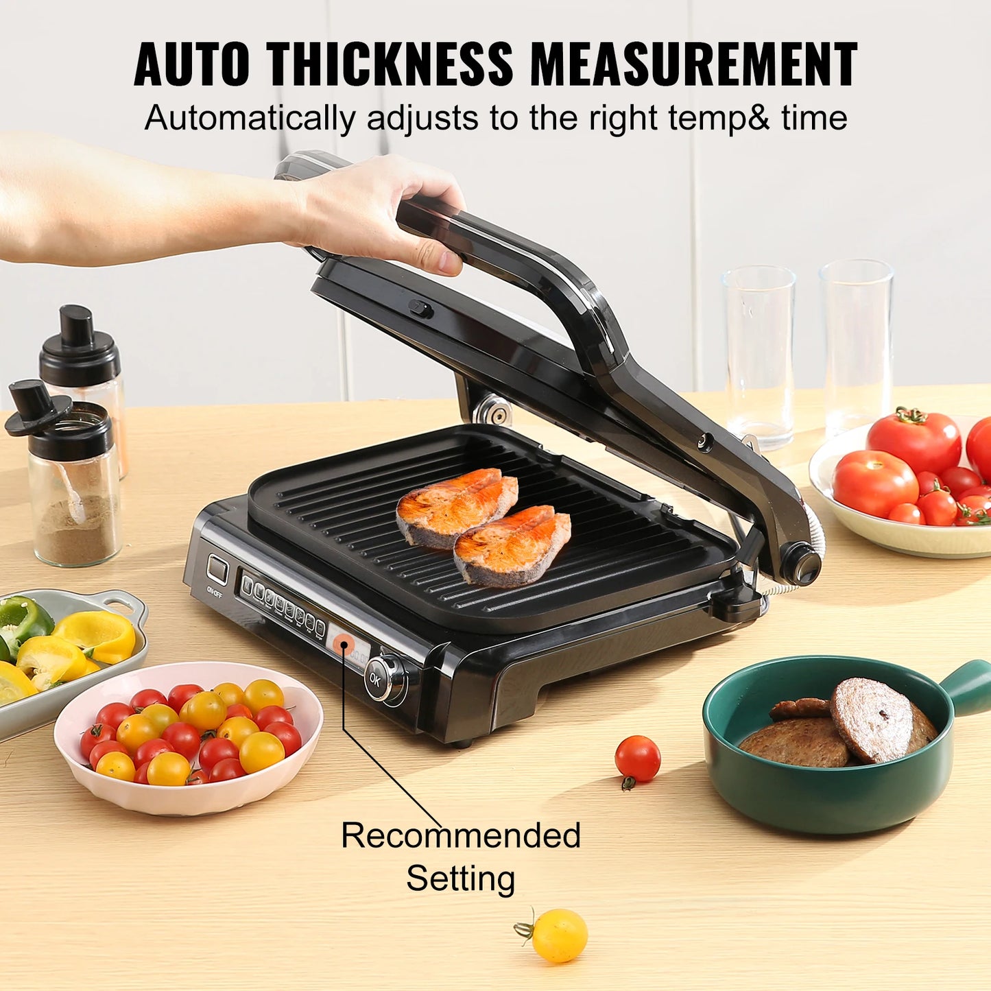 VEVOR Electric  Panini Press Griddle Countertop Sandwich Maker Non-Stick Coated Plates 0-446℉ Adjustable Temp Control