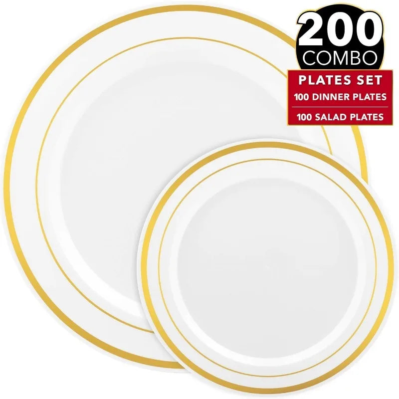 Prestee – assiettes en plastique doré, 200 pièces, 100 assiettes à dîner et 100 assiettes à salade, assiettes de fête blanches + à bords dorés, jetables et robustes