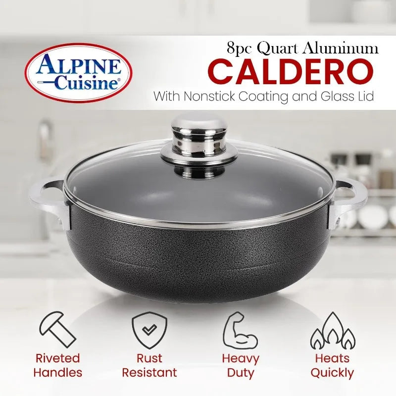 Alpine Cuisine - Juego de 8 piezas de caldero antiadherente de aluminio con tapa de cristal, horno holandés de cocina de grado comercial