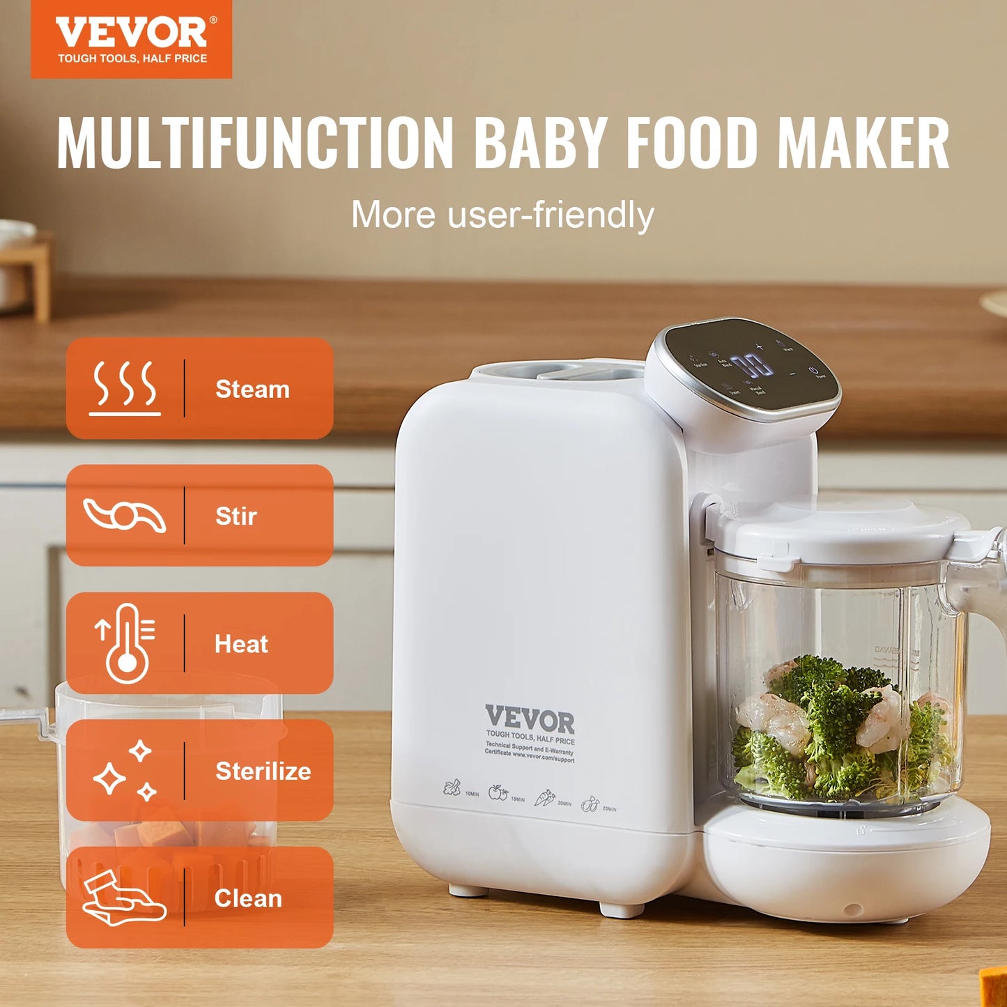 VEVOR 5 in 1 Baby Food Maker 430W Baby Food Processor with 750 ml Tritan Bowl Baby Food Puree Blender Steamer Grinder