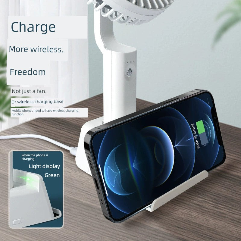 Desk Small Electric Fan Outdoor Camping Handheld Desktop Dual-Use Fan Mobile Phone Wireless Charger Base Automatic Shaking Head