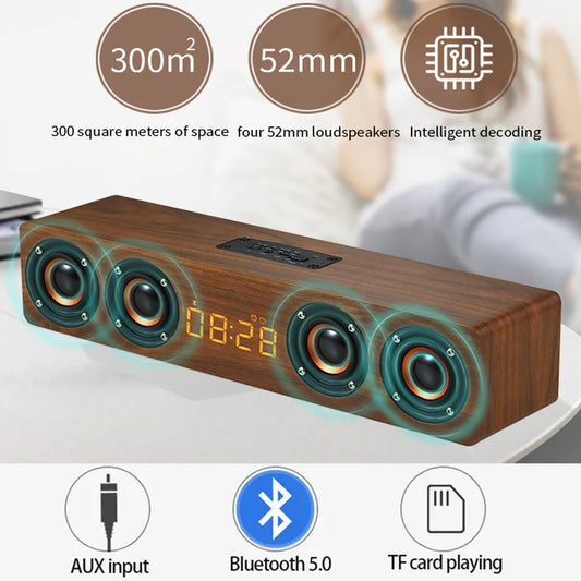 Réveil en bois rechargeable avec barre de son Bluetooth, haut-parleur caisson de basses et radio FM pour la décoration de la maison ou de la salle de jeux e-sport