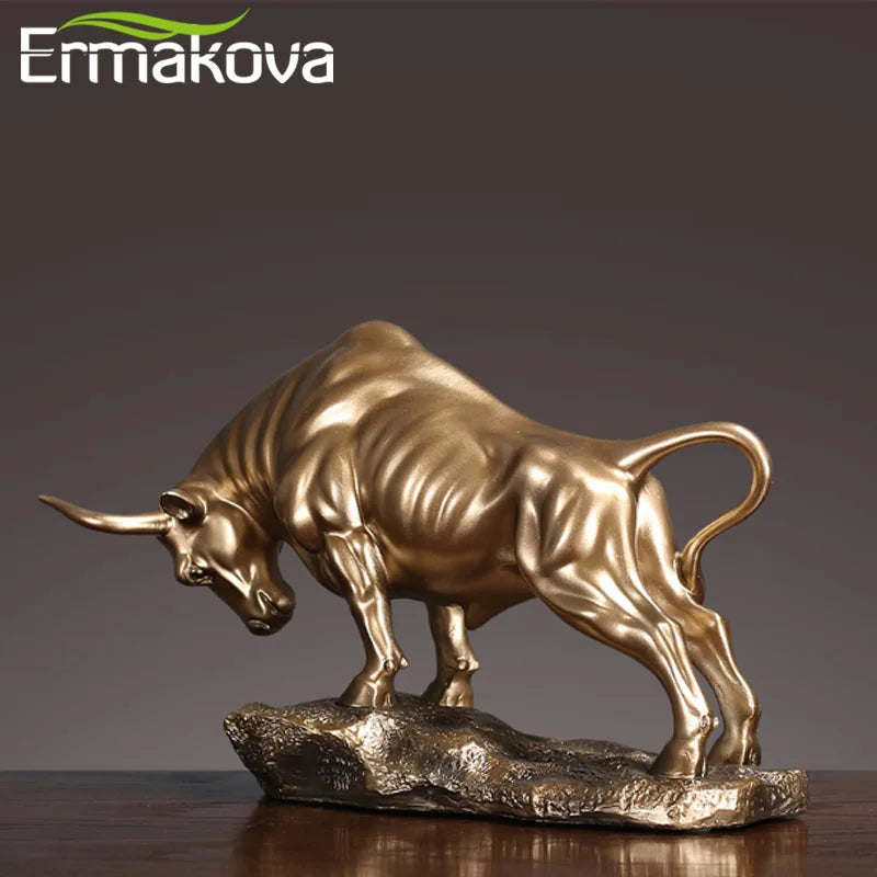 ERMAKOVA Cold Cast Bronze Bull Sculpture Statue Home Resin Animal Jewelry Home Bar Office Window Decoration Cafe