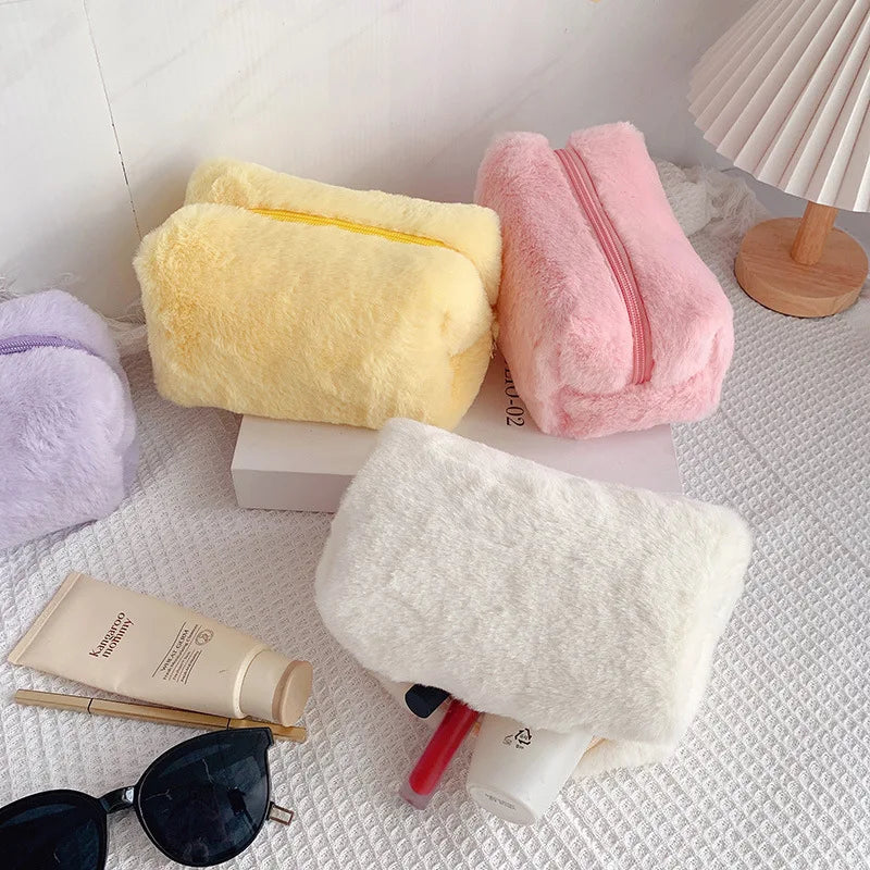 Zipper Large Solid Color Cosmetic Bag Cute Fur Makeup Bag for Women Travel Make Up Toiletry Bag Washing Pouch Plush Pen Pouch