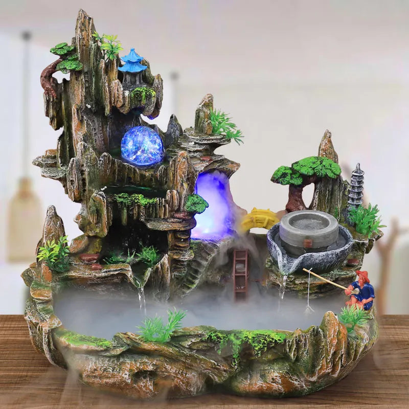 Fontaine de rocaille avec vue sur la montagne, circulation de l'eau, petit aquarium, jardin, bonsaï, décoration porte-bonheur Feng Shui, ornements