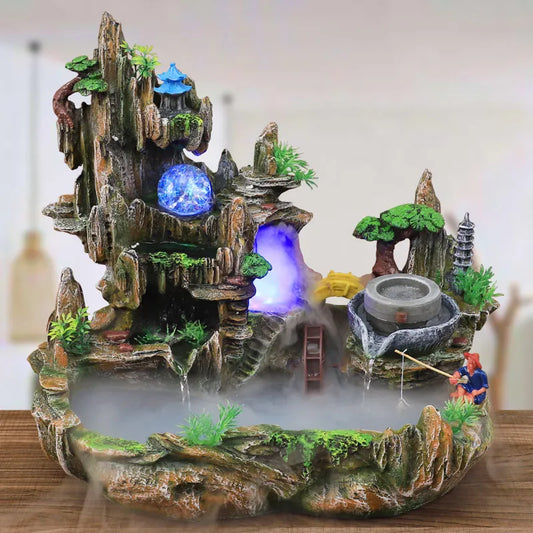 Fontaine de rocaille avec vue sur la montagne, circulation de l'eau, petit aquarium, jardin, bonsaï, décoration porte-bonheur Feng Shui, ornements