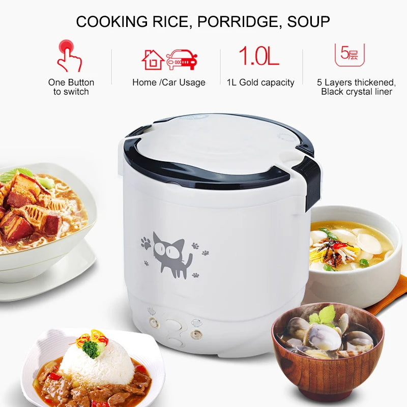 Electric Mini Rice Cooker Portable 1L Water Food Heater Machine Lunch Box Warmer 2 Persons Cooking Machine for Home Car Truck