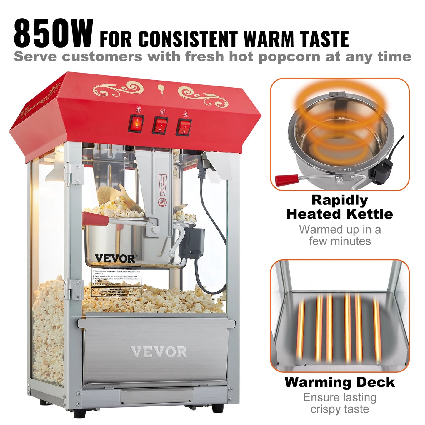 VEVOR-máquina eléctrica para hacer palomitas de maíz, máquina de palomitas de maíz comercial, utensilios de cocina automáticos con cuchara, tubo de calentamiento SUS304, 8/12Oz