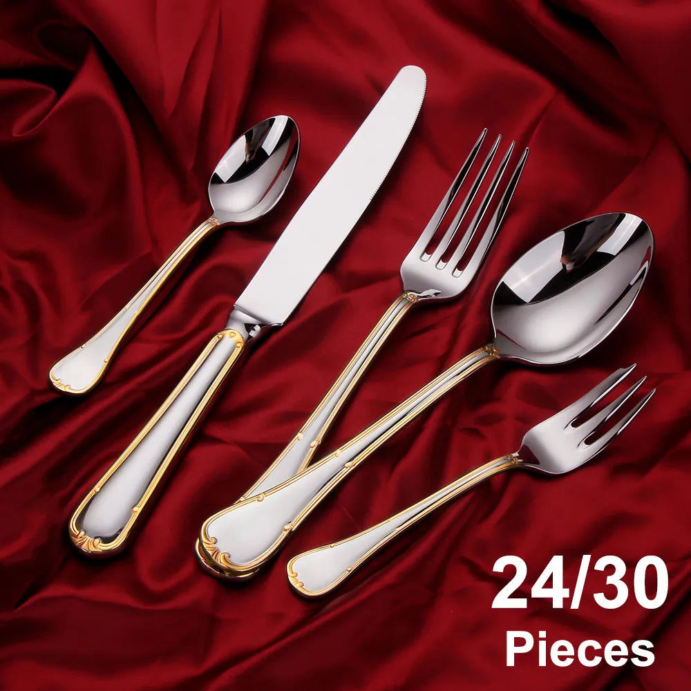 Juego de cubiertos dorados de 24/30 piezas, vajilla completa de acero inoxidable, juego de cena con espejo, cuchillo, tenedor, cuchara, utensilios de cocina