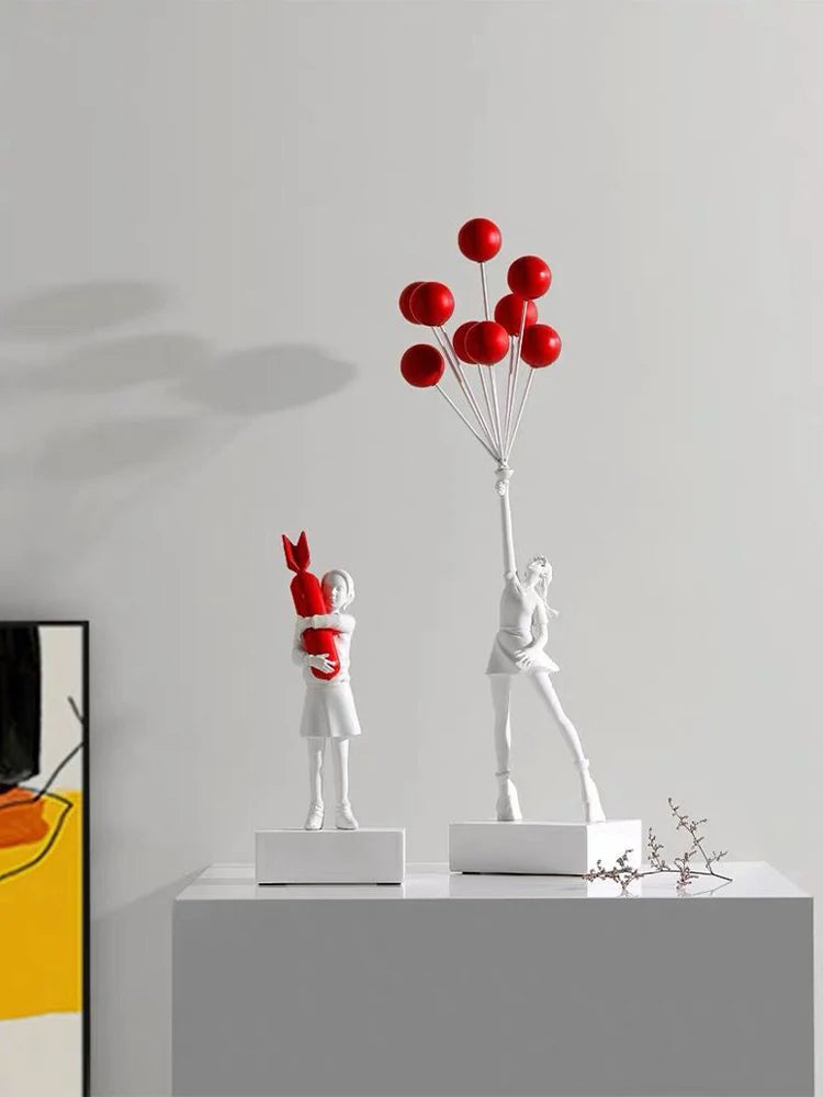 Arte globo estatuas de niña Banksy globo volador escultura de niña artesanía de resina decoración del hogar regalo de Navidad decoración de la sala de estar