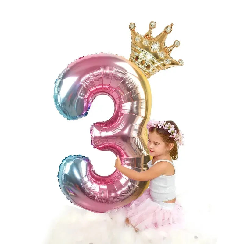 Globos de aluminio con números de arcoíris de 32 pulgadas con corona para niños, niños, niñas, decoraciones para fiesta de primer cumpleaños, figuras de oro rosa, 2 uds.