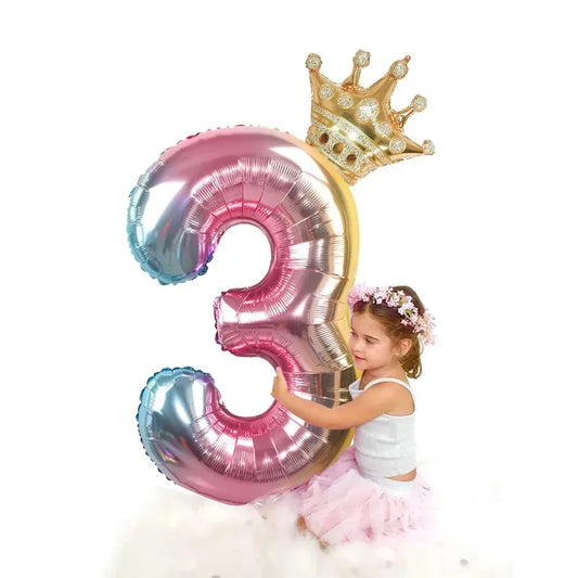 Ballons en aluminium avec chiffres arc-en-ciel, 2 pièces, 32 pouces, avec couronne, décorations pour enfants, garçon et fille, 1er anniversaire, figurines en or Rose