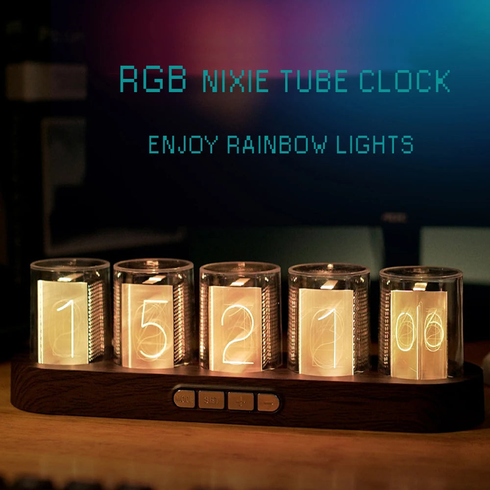 Reloj digital Nixie Tube con luces LED RGB para decoración de escritorio de sala de juegos. Embalaje de caja de lujo para idea de regalo.