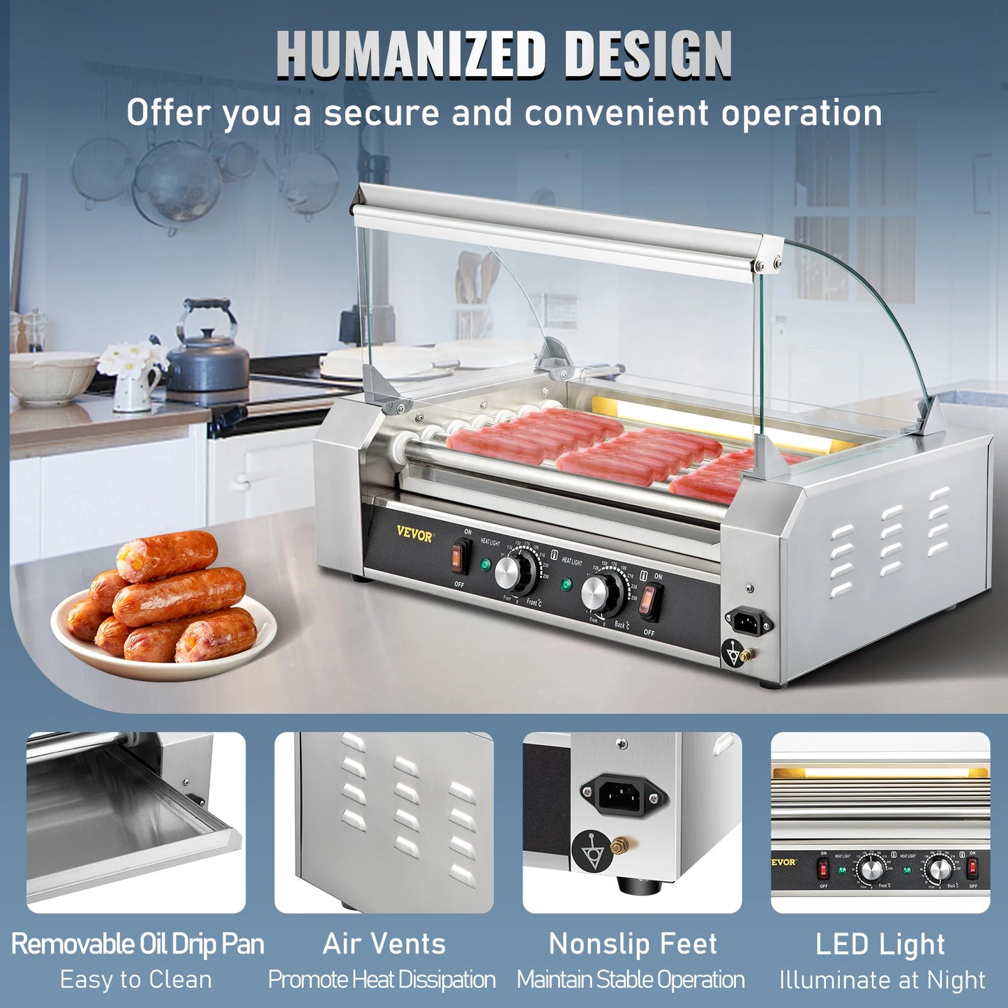 VEVOR Hot Dog Roller 5/7/11 Rods Stainless Steel Electric Sausage Grill Cooker With Dual Temp Control Barbecue Grill Machine