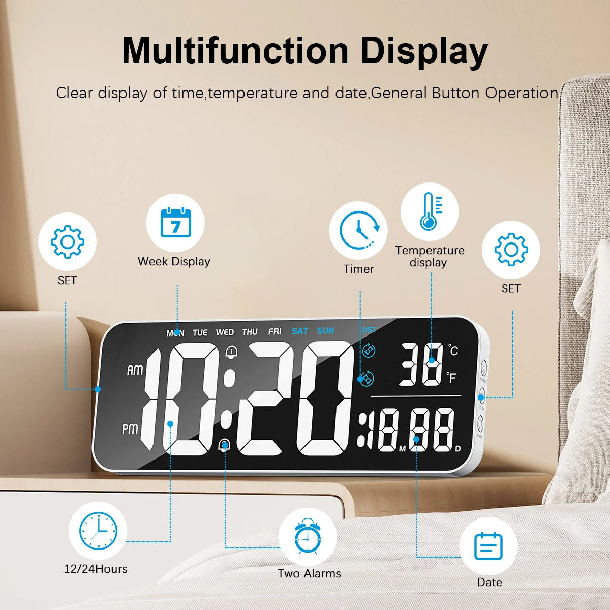 Deeyaple 15Inch Large Digital Wall Clock LED Table Clock 12/24H Date Temperature and Humidity Display Alarm Clock Remote Control