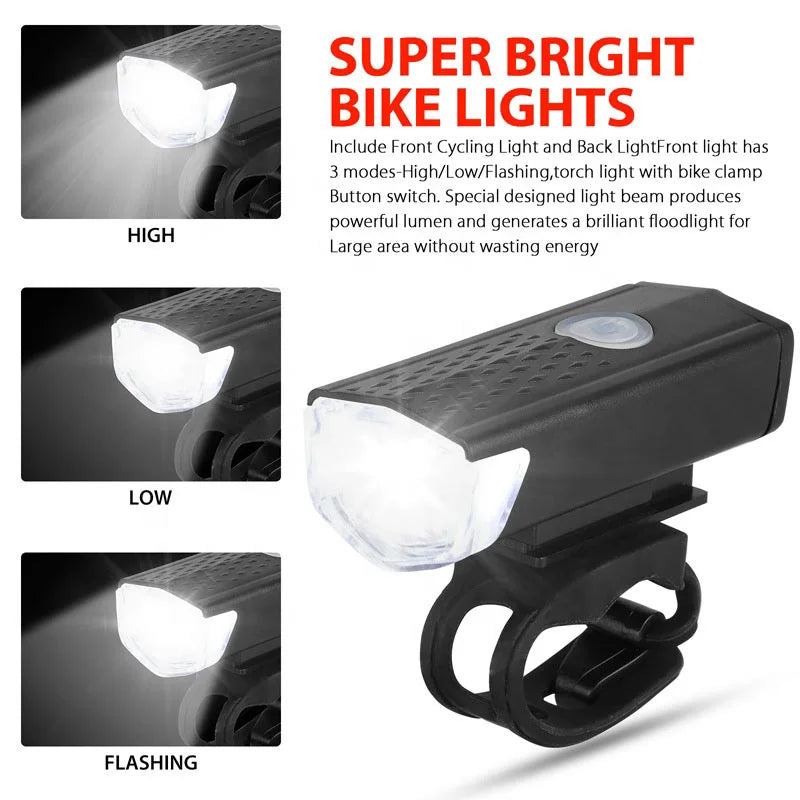 Juego de luces para bicicleta, luz delantera con luz trasera, recargable por USB, fácil de instalar, 3 modos, accesorios para bicicleta de carretera y MTB