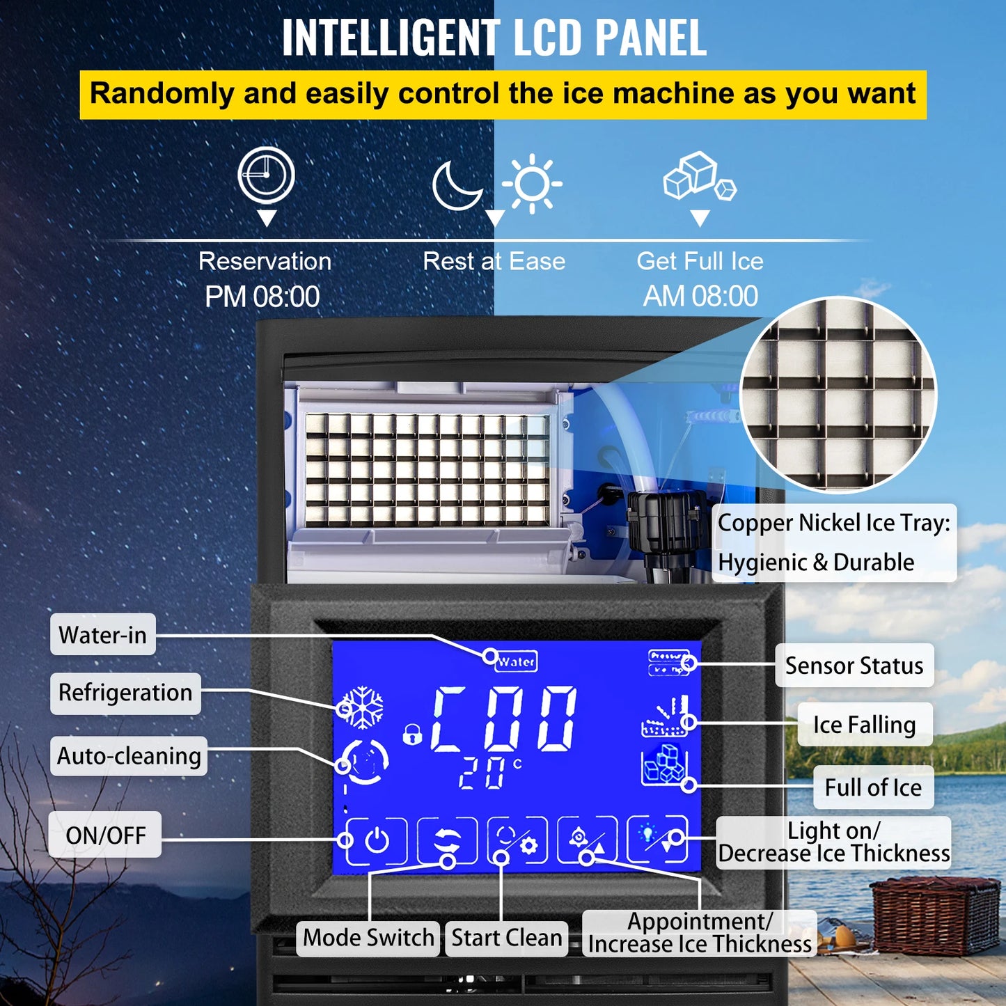 VEVOR-máquina eléctrica para hacer cubitos de hielo, 50-70 KG/24H, producción de generador, picadora de acero inoxidable para restaurantes, bares, comerciales