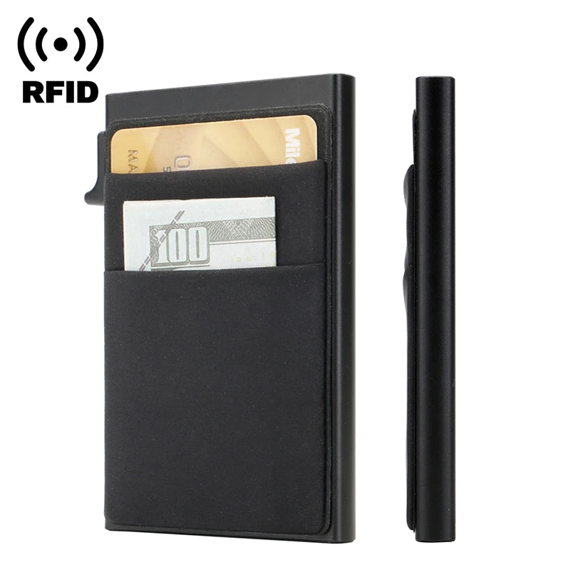 Rfid portefeuille porte-cartes de crédit en métal mince étui pour cartes bancaires hommes femmes Pop Up portefeuille minimaliste petit sac à main noir Vallet en métal