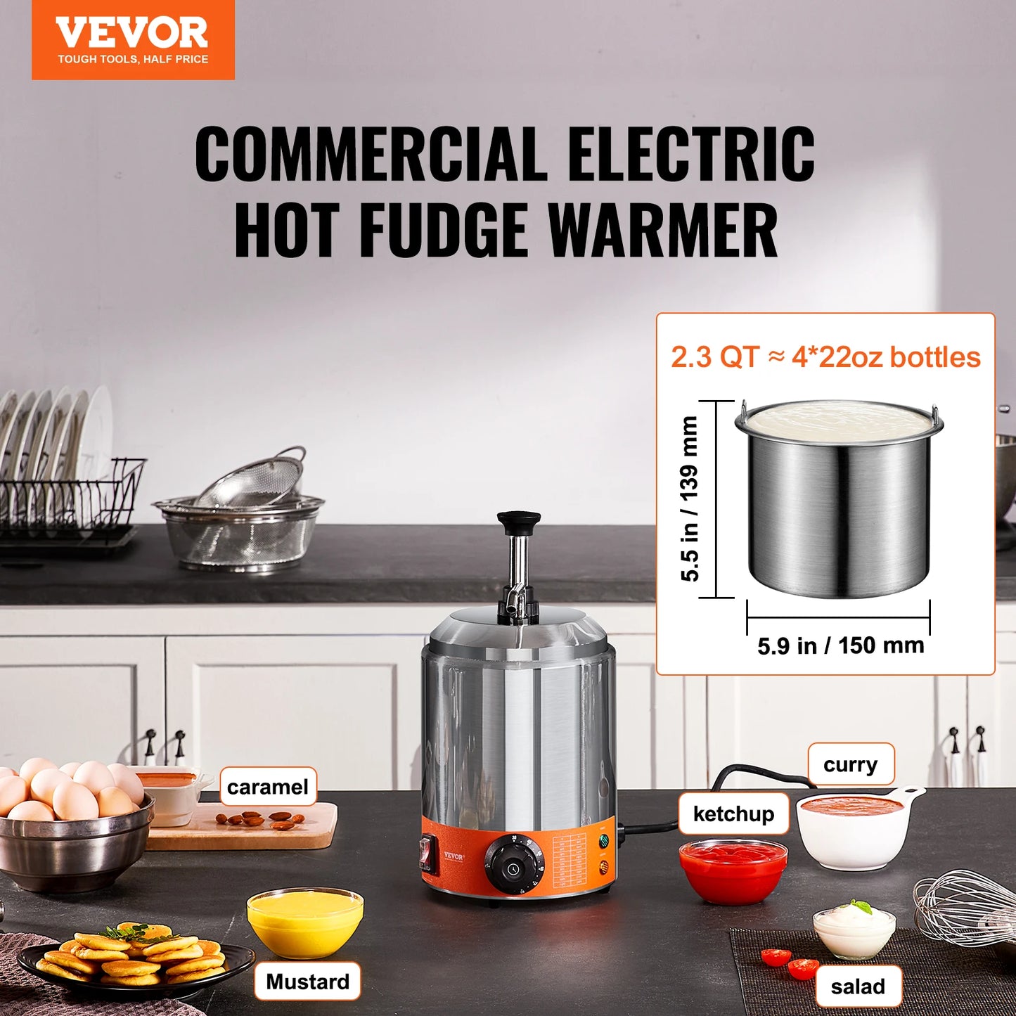 VEVOR Distributeur de fromage électrique avec pompe 2,3 Qt Réchauffeur de fudge chaud commercial 86-230 ℉ Réchauffeur de sauce au fromage Nacho réglable