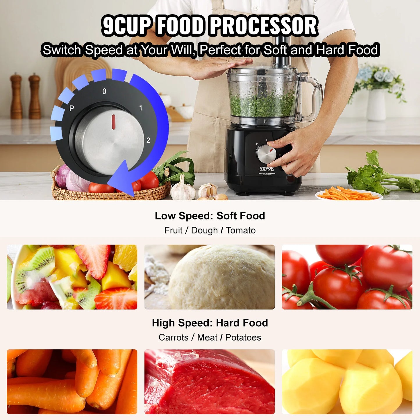 VEVOR Food Processor 9-Cup Vegetable Chopper for Chopping Shredding 600 Watts Stainless Steel Blade Professional