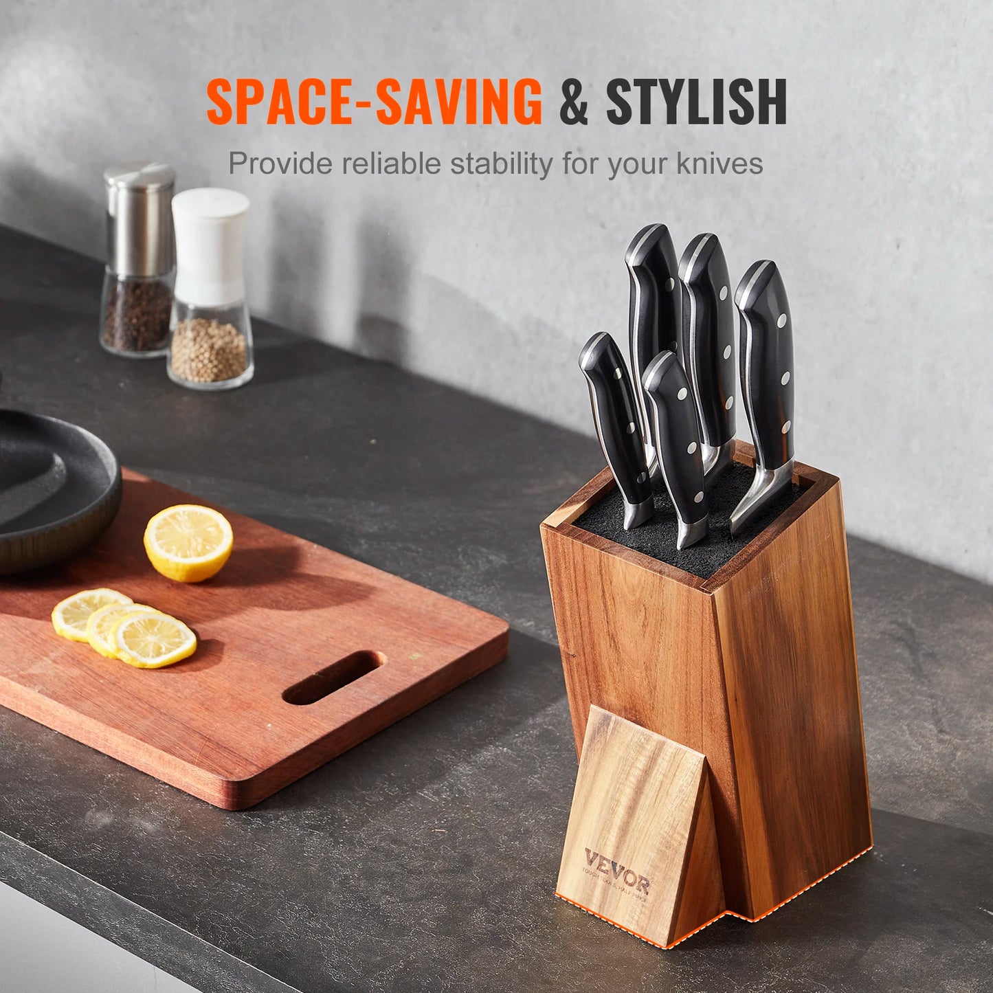 VEVOR Universal Knife Holder Acacia Wood Knife Block Extra Large Knife Storage Holder with PP Brush Multifunctional Knife Rack