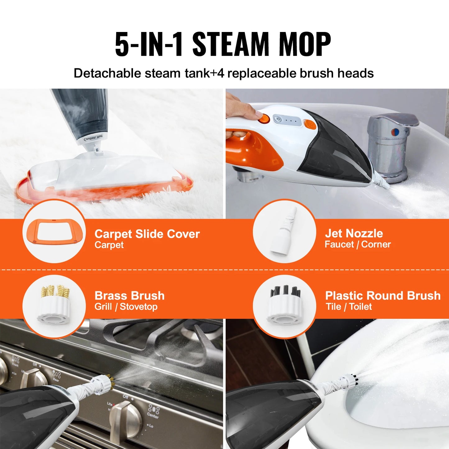 VEVOR Steam Mop Cleaner 5-in-1 High Temperature Steam Cleaner Multipurpose Floor Steam Cleaner with 4 Replaceable Brush Heads