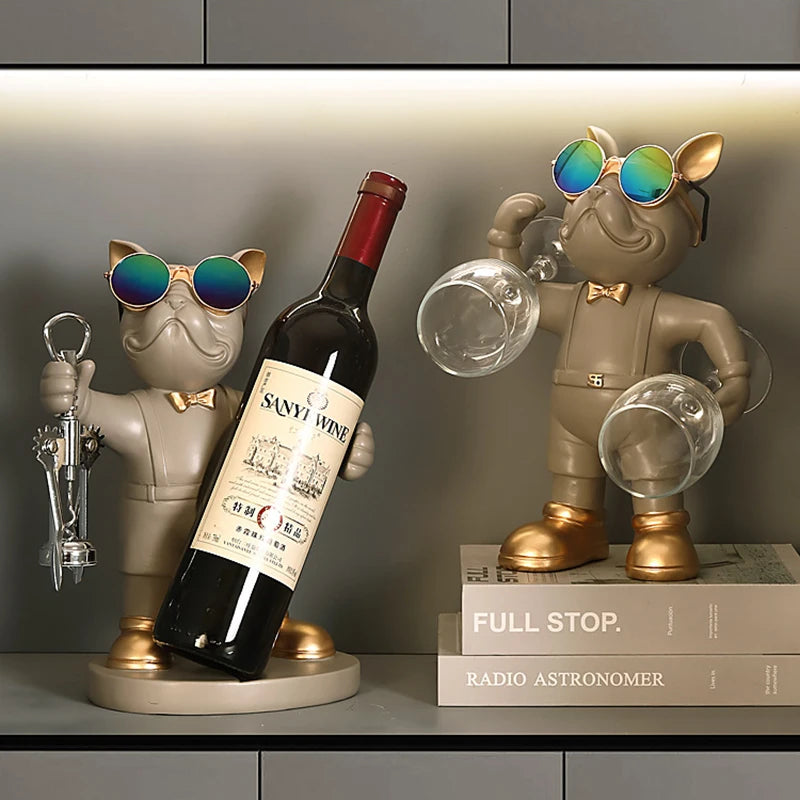 ERMAKOVA Bulldog Francés decoración estante de vinos soporte para vino perro mayordomo asiento para botella diseño estatua mesa decoración de resina escultura