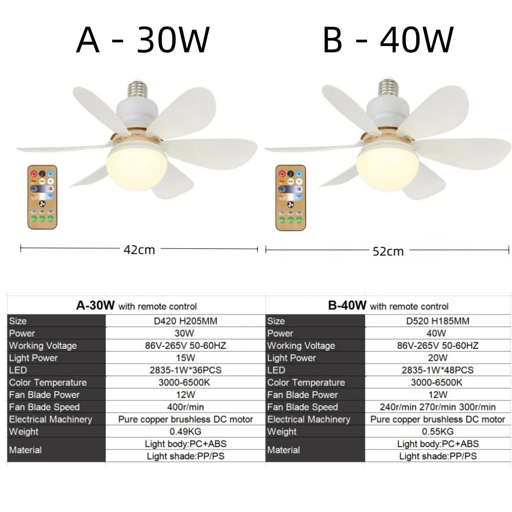 Lámpara de ventilador LED con Control remoto E27, ventilador de techo para el hogar, oficinas, dormitorio, cocina, luz regulable para oficina y cocina