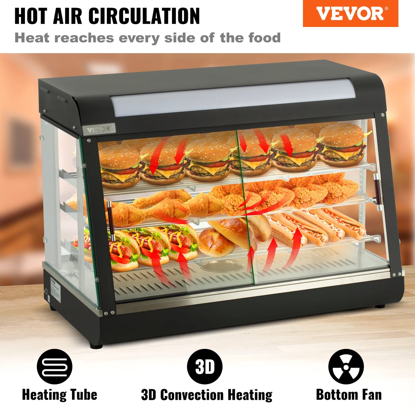 VEVOR Commercial Food Warmer Display Countertop Pastry Warmer w/Temp Knob Display 0.6L Water Tray Stainless Frame Glass Doors