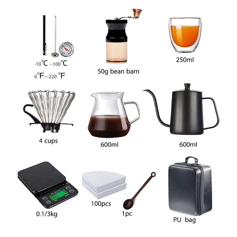 10 Pieces/Set of Travel Coffee Accessories Set Including PU Bags Manual Grinding Cups Filter Cups and Other Outdoor Coffeeware