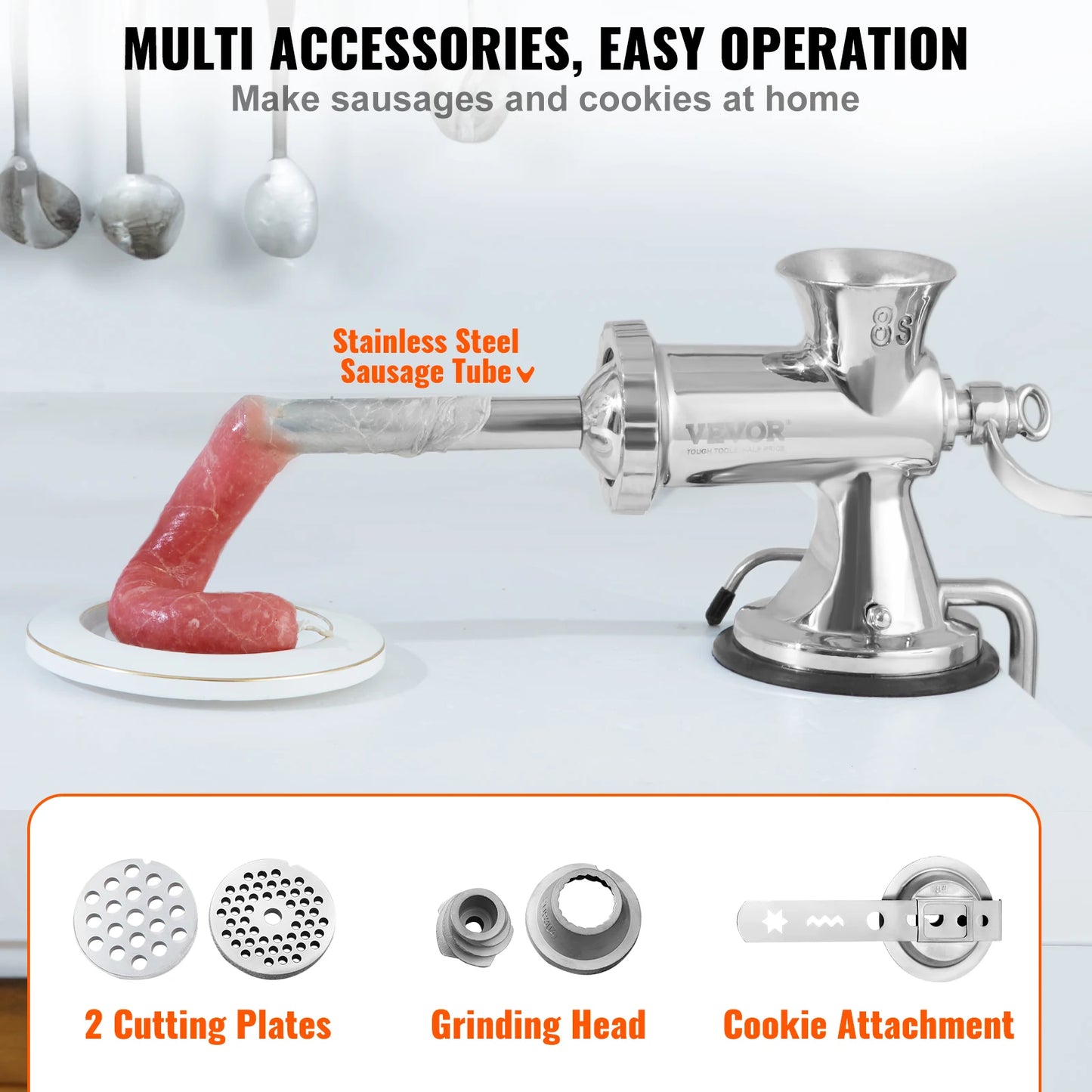 VEVOR Manual Meat Grinder 304 Stainless Steel Hand Meat Grinder with Suction Cup + Steel Table Clamp Meat Mincer Sausage Maker