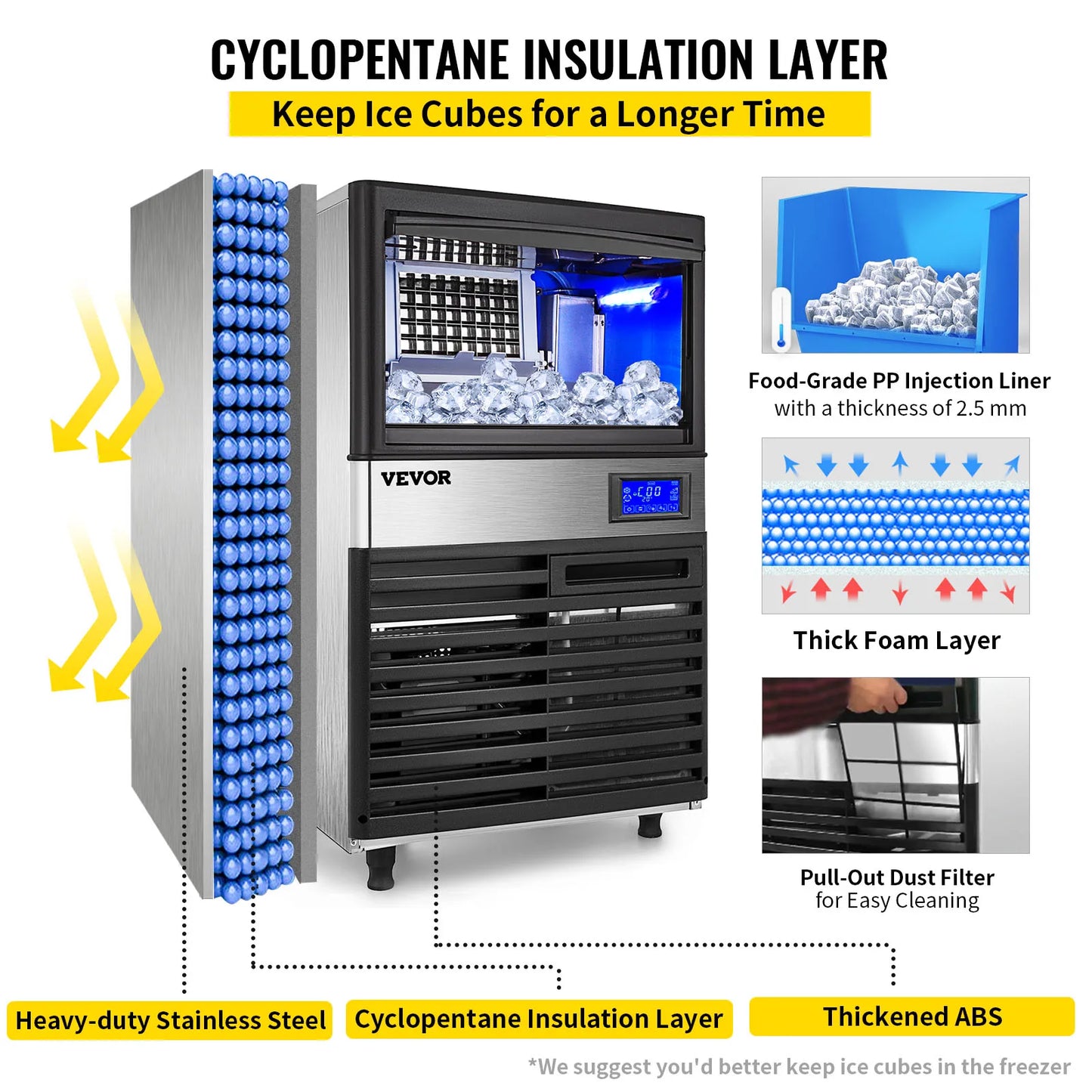 VEVOR-máquina de hielo en cubos comercial con bomba de drenaje de agua, máquina de hielo congelador líquido con pantalla táctil LCD independiente de 50/60/70 KG/24H