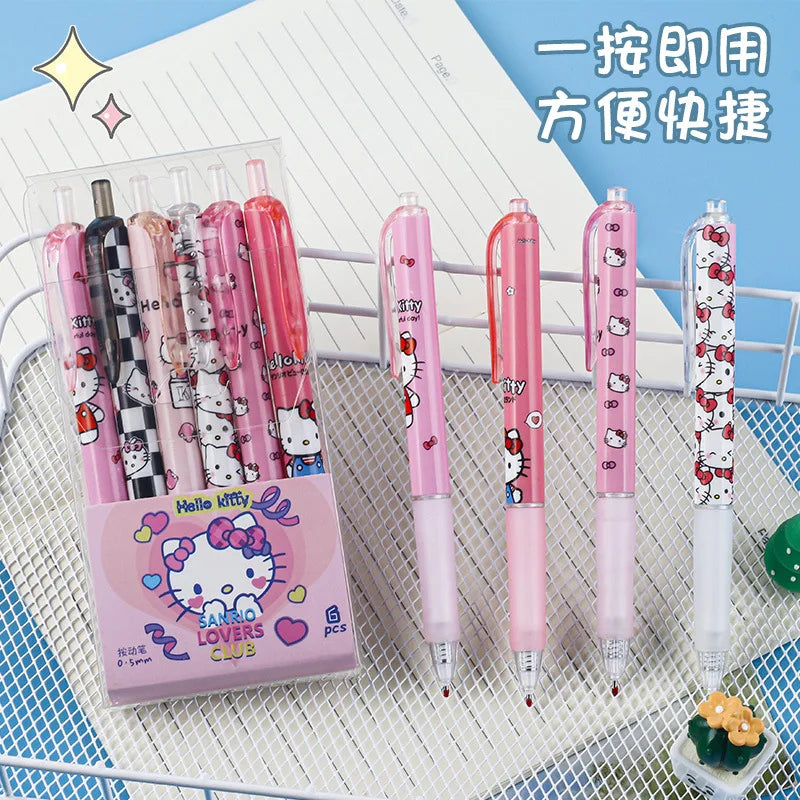 Stylo Gel Sanrio Hello Kitty, 6 pièces, dessin animé Kuromi ST, séchage rapide, noir, 0.5mm, appuyez sur le stylo à bille, papeterie d'apprentissage, cadeaux