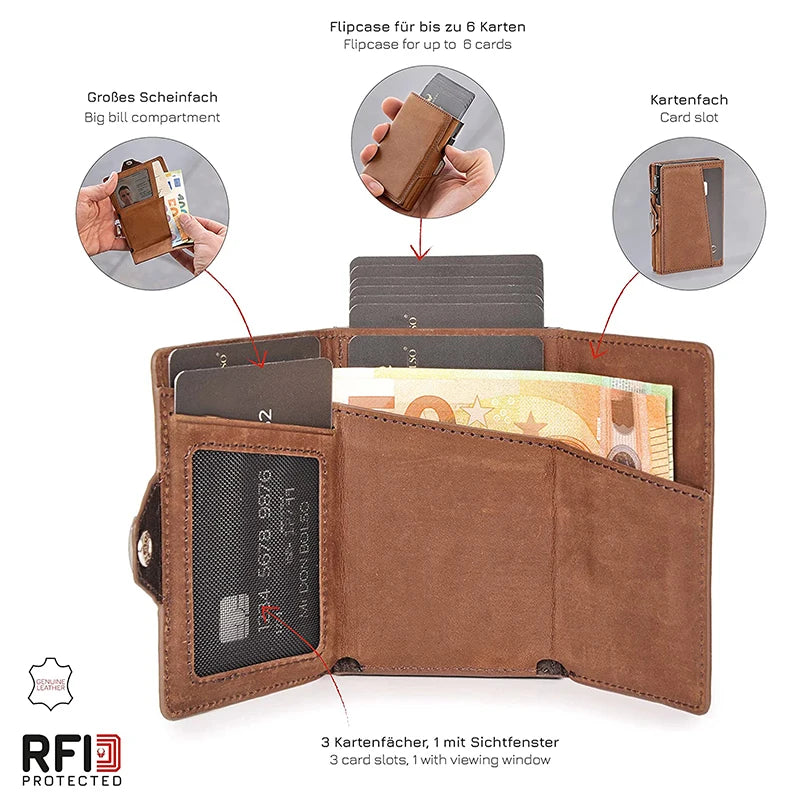 Tarjetero Pop-Up con Protección RFID Cartera de Piel Auténtica con Compartimento para Billetes y Monedas para Hombre y Mujer