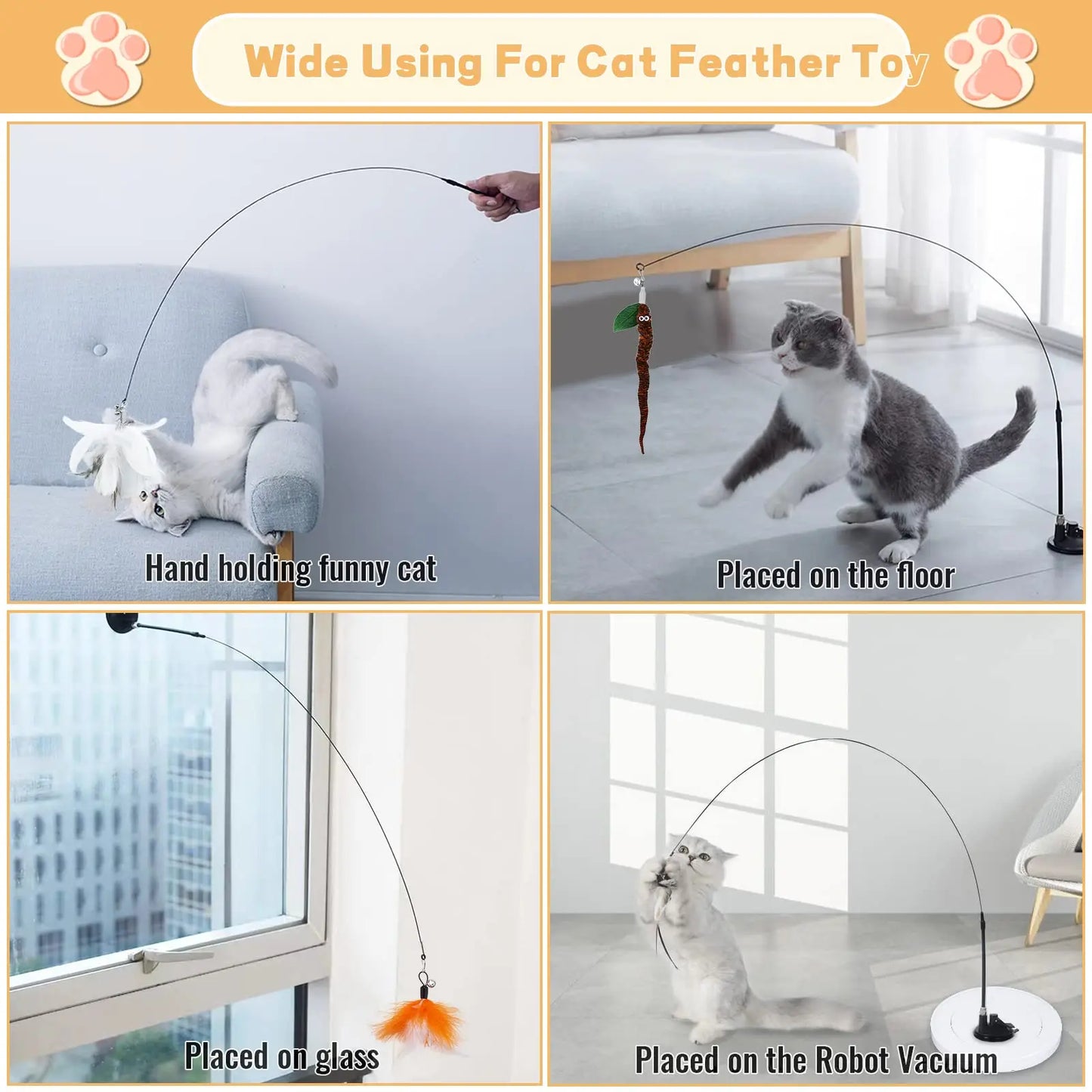 Jouets pour chats, baguette à plumes, jouet interactif pour chaton, avec Super ventouse détachable, 2 pièces de remplacement de plumes, accessoires pour chats