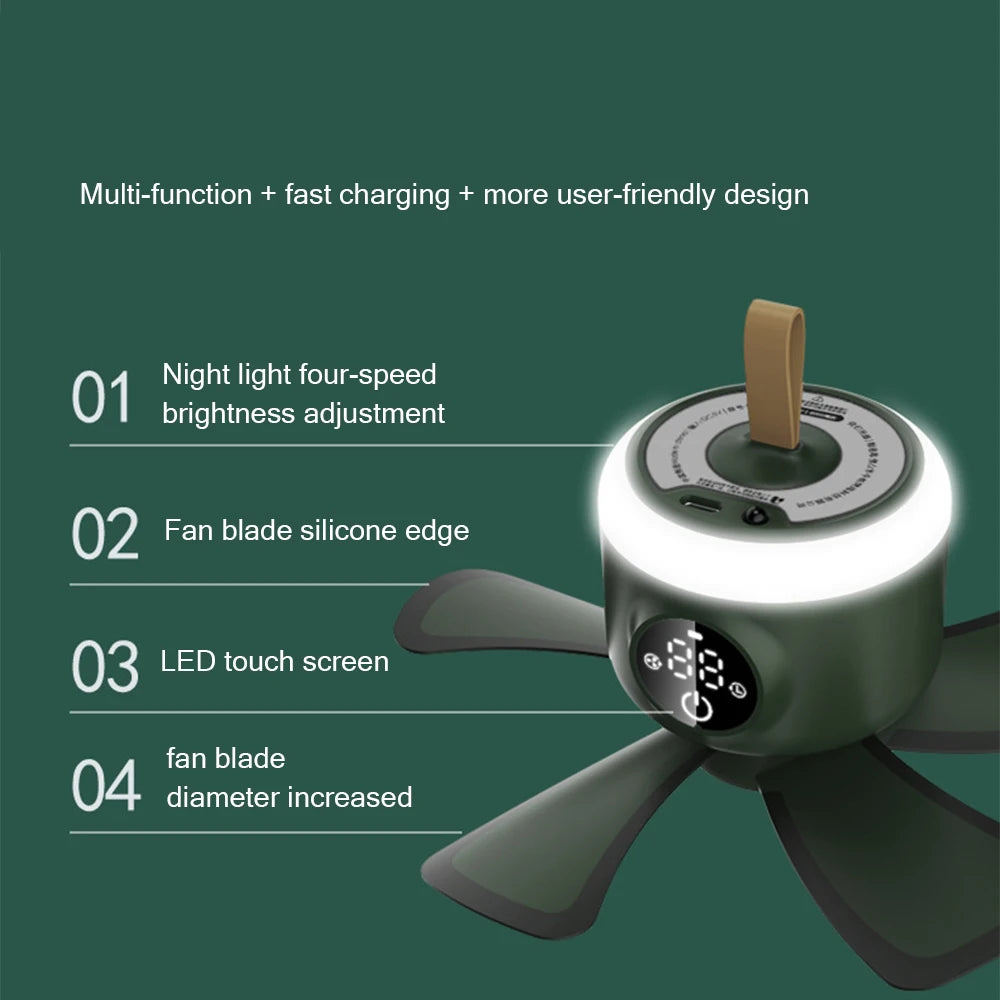 8000mAh Ceiling Fan Timing Camping Fan USB Rechargeable Remote Control 4 Gears Cooler With LED Lamp For Home Outdoor