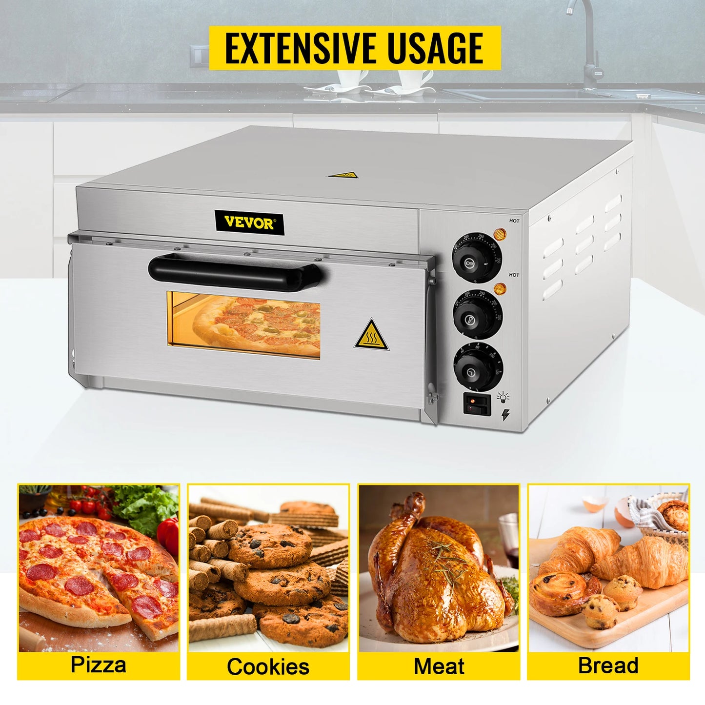 VEVOR-horno de Pizza eléctrico comercial, 14 ", capa única, 110/220V, 1300/2000W, con piedra y estante, pizzero multiusos