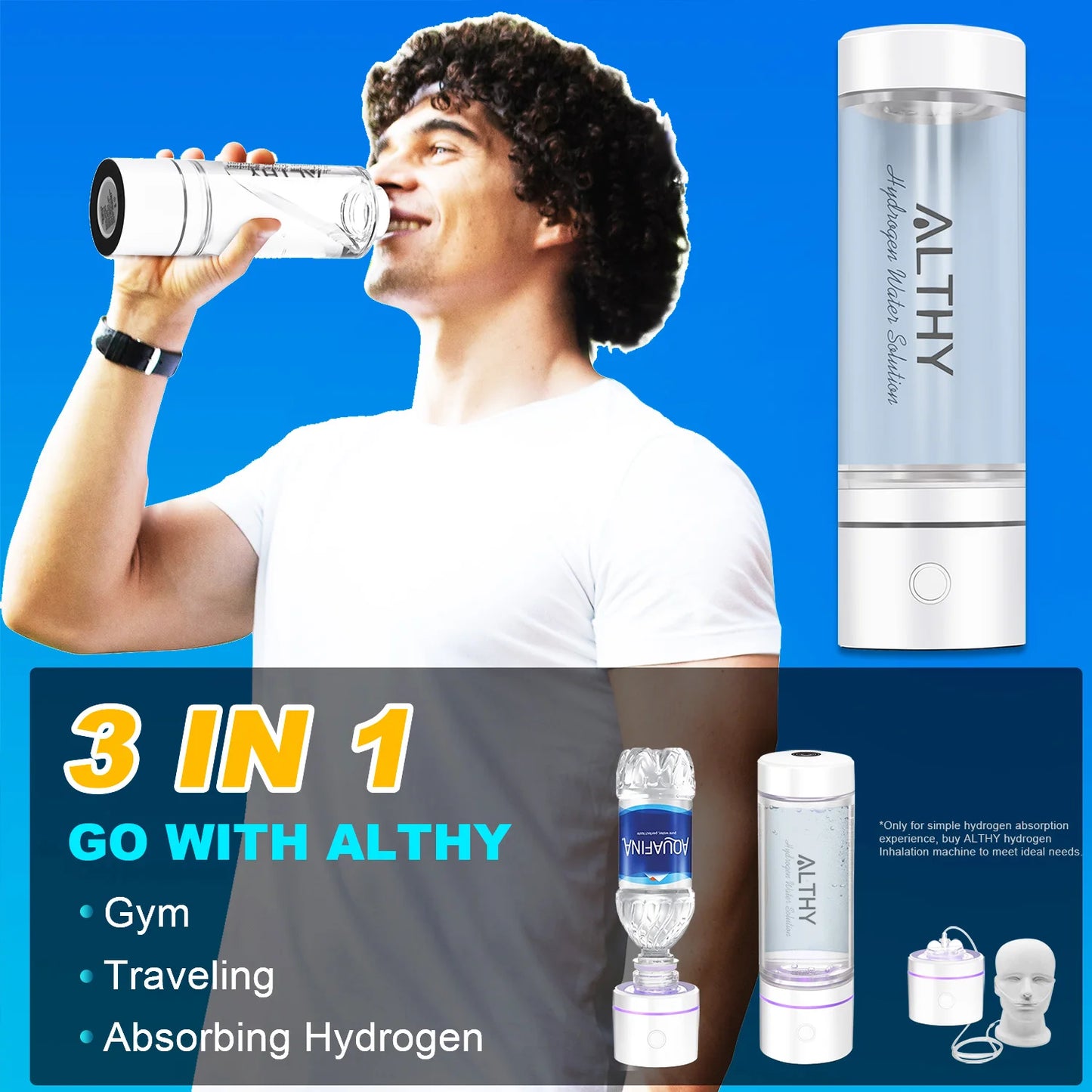 ALTHY – bouteille générateur d'eau riche en hydrogène, technologie DuPont SPE &amp; PEM à double chambre + dispositif d'inhalation H2