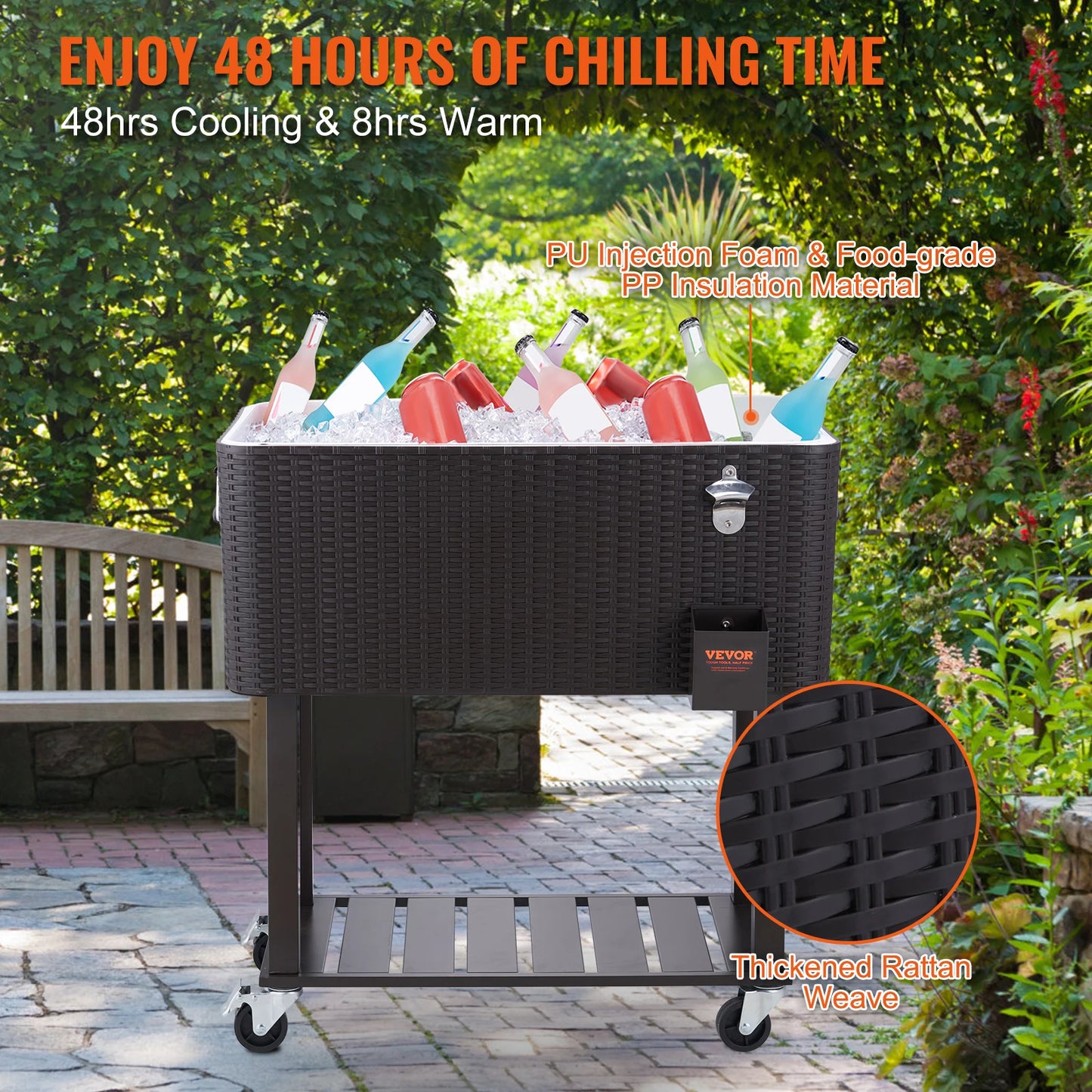 VEVOR 80 QT Rolling Ice Chest Cooler Cart Portable Bar Drink Cooler Beverage Bar Stand Up Cooler for Patio Backyard Party Pool