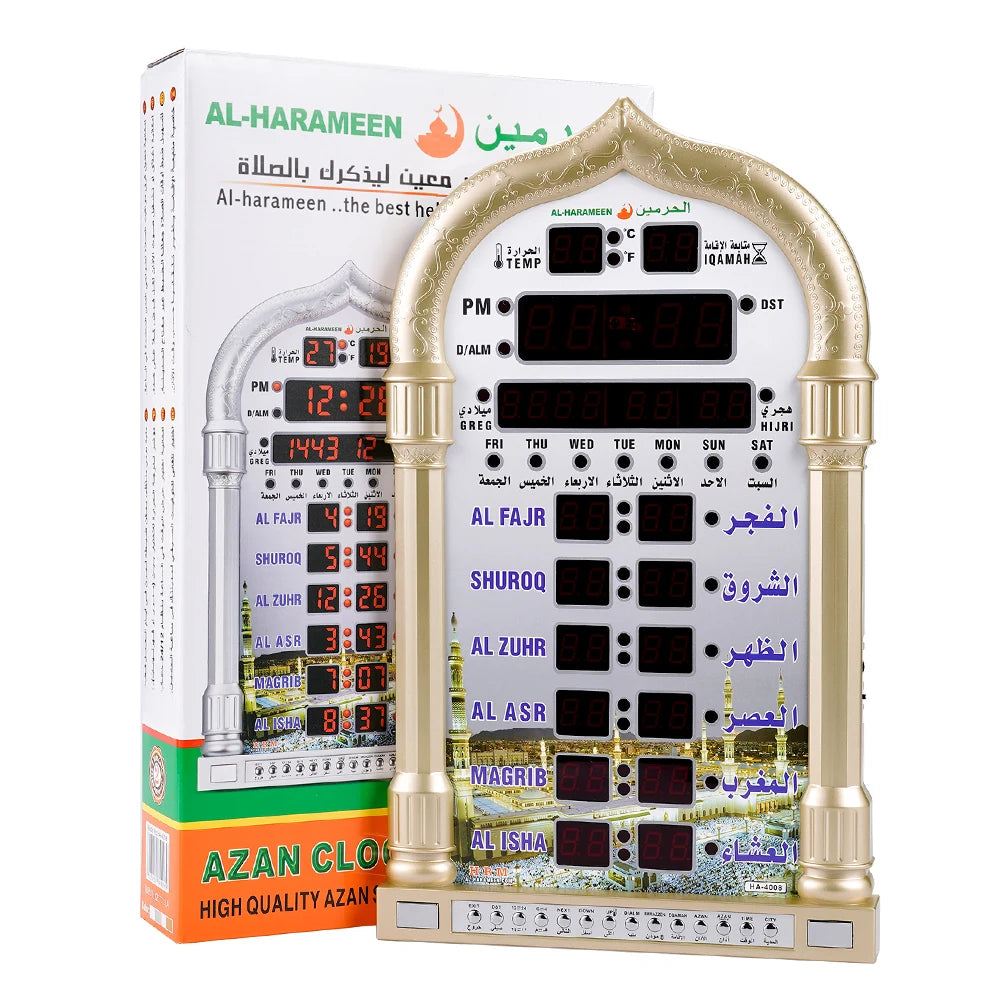 Horloge de prière de mosquée Azan 12V, calendrier islamique Azan, horloge murale de prière musulmane, alarme, décoration de maison pour Ramadan, télécommande