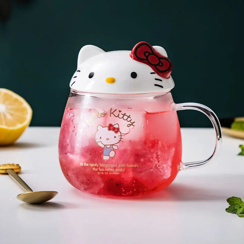 Kawaii Sanrio Hellokittys Kuromi Cinnamoroll Mymelody Cute Glass with Lid Cartoon Milk Coffee Mug Girls Anime Home Gifts Toys