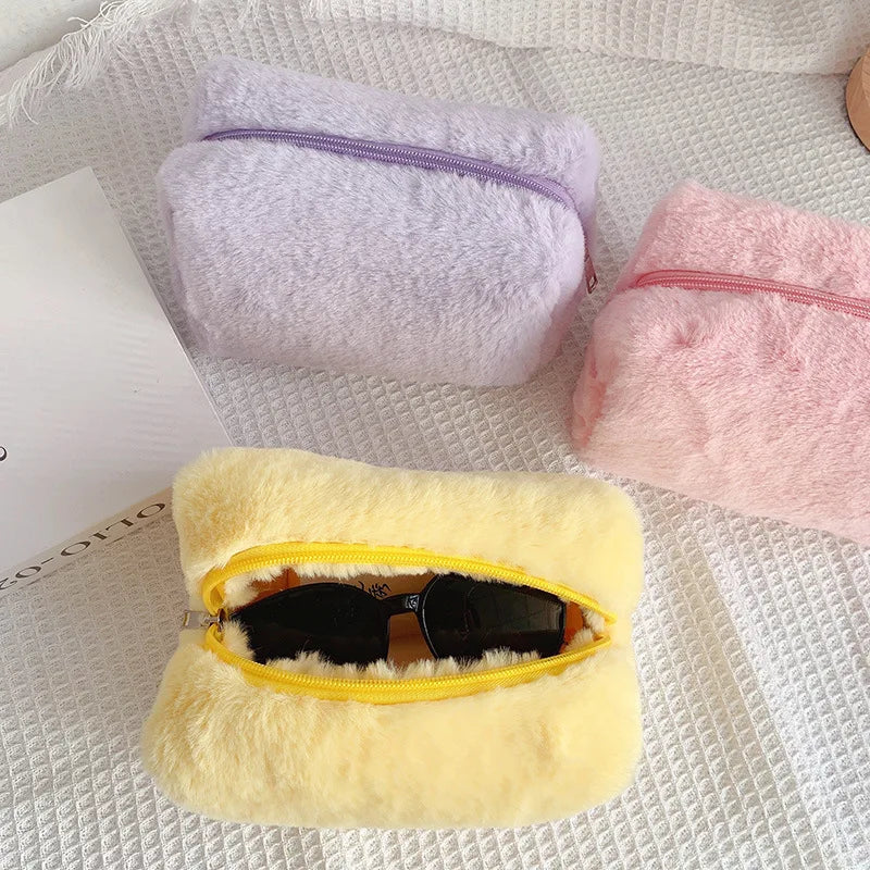 Zipper Large Solid Color Cosmetic Bag Cute Fur Makeup Bag for Women Travel Make Up Toiletry Bag Washing Pouch Plush Pen Pouch