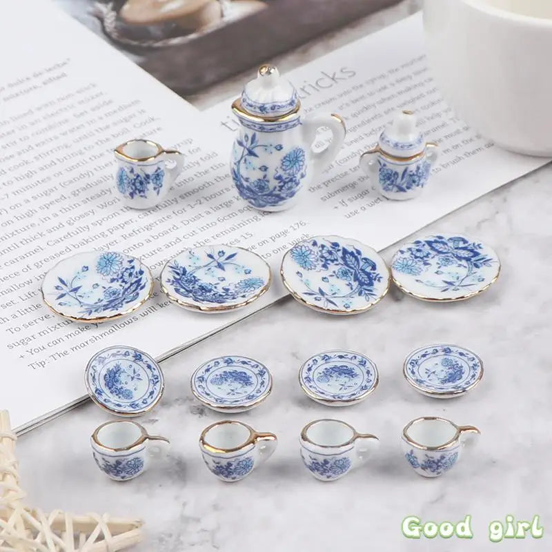 Juego de tazas de té de porcelana en miniatura 15 Uds. 1:12, vajilla de flores, cocina, muebles para casa de muñecas, juguetes para niños, tazas de té, casa de muñecas