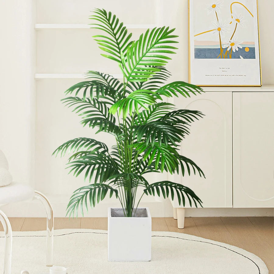 Palmera falsa grande de 90-120cm, plantas tropicales artificiales, hojas de plástico de Monstera, follaje de palmera grande para decoración del jardín del hogar