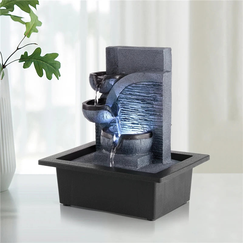 Fontaine d'eau de bureau en cascade d'intérieur en résine, cascade de roche avec lumière LED pour bureau, ornement porte-bonheur, artisanat de décoration de maison