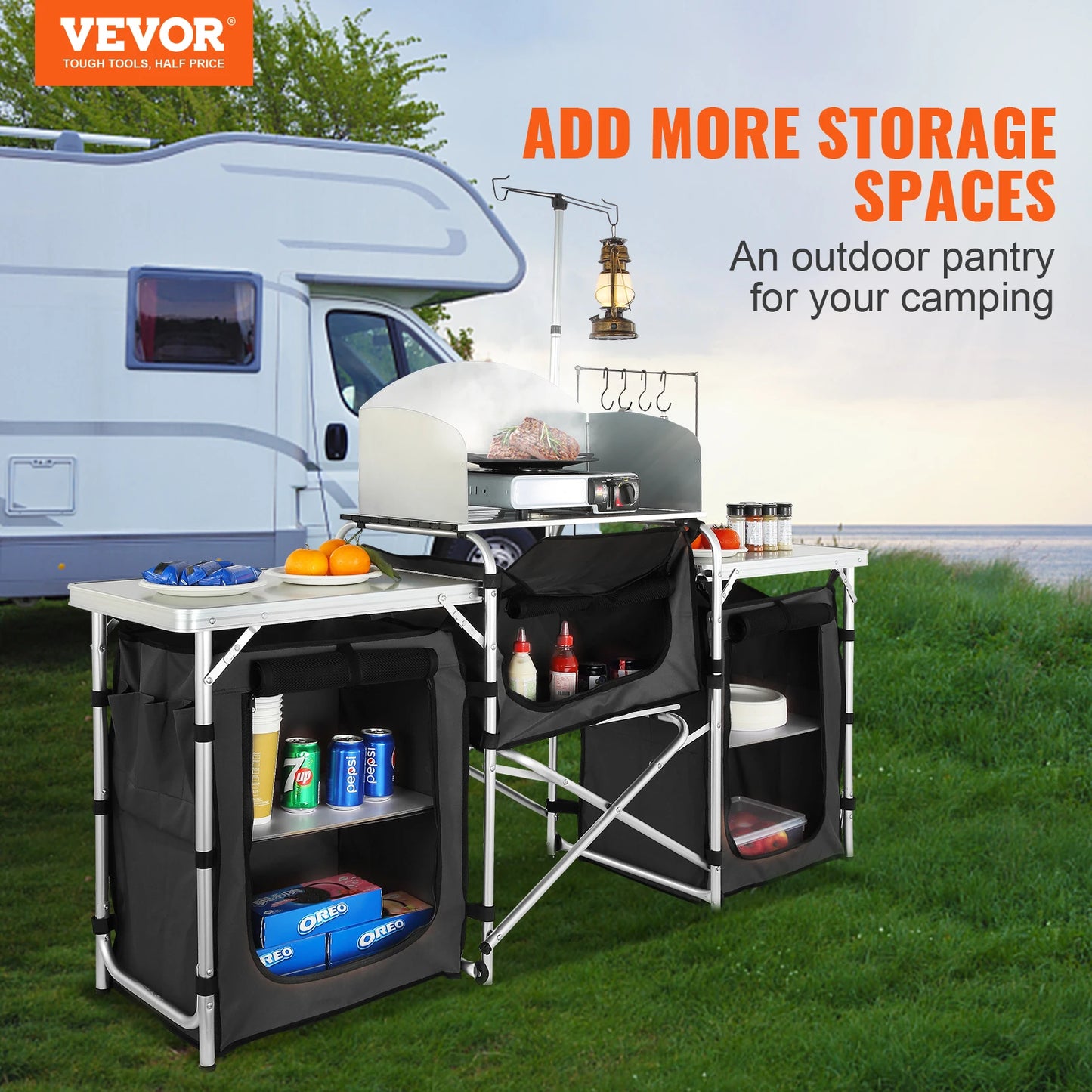 VEVOR Camping Outdoor Kitchen Table Cabinet Foldable Folding Cooking Storage Rack X-Shaped Aluminum Alloy Bracket for BBQ Picnic