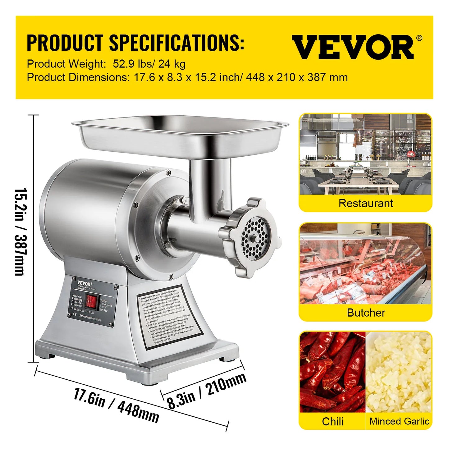 VEVOR 122 Kg/H 250 KG/H hachoir à viande électrique hachoir robot culinaire robuste appareils de cuisine broyeur Commercial Machine