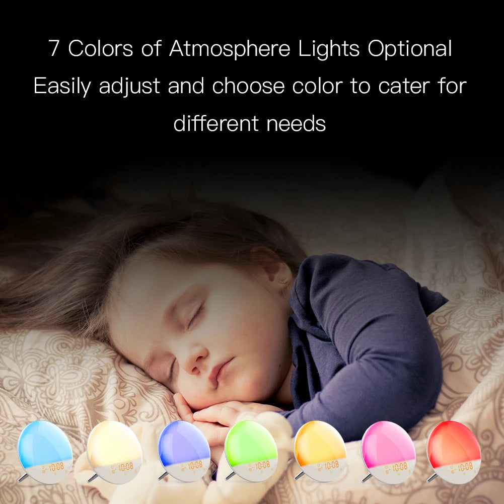 WiFi Smart Wake Up Light Workday Alarm Clock with 7 Colors Sunrise/Sunset Smart Life Tuya APP Works with Alexa Google Home