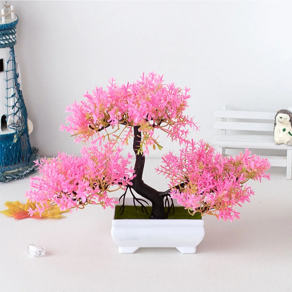 Plantas artificiales de plástico, bonsái, árbol pequeño, maceta, flor en maceta, jardín, arreglo de plantas falsas, adornos, decoración de mesa para el hogar y la habitación